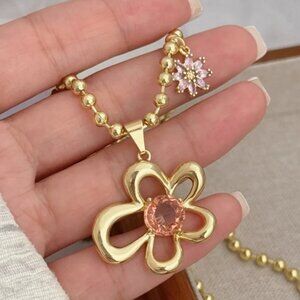 Classic Style Flower Copper Zircon 18K Gold Plated  Ball Chain Pendant Necklace